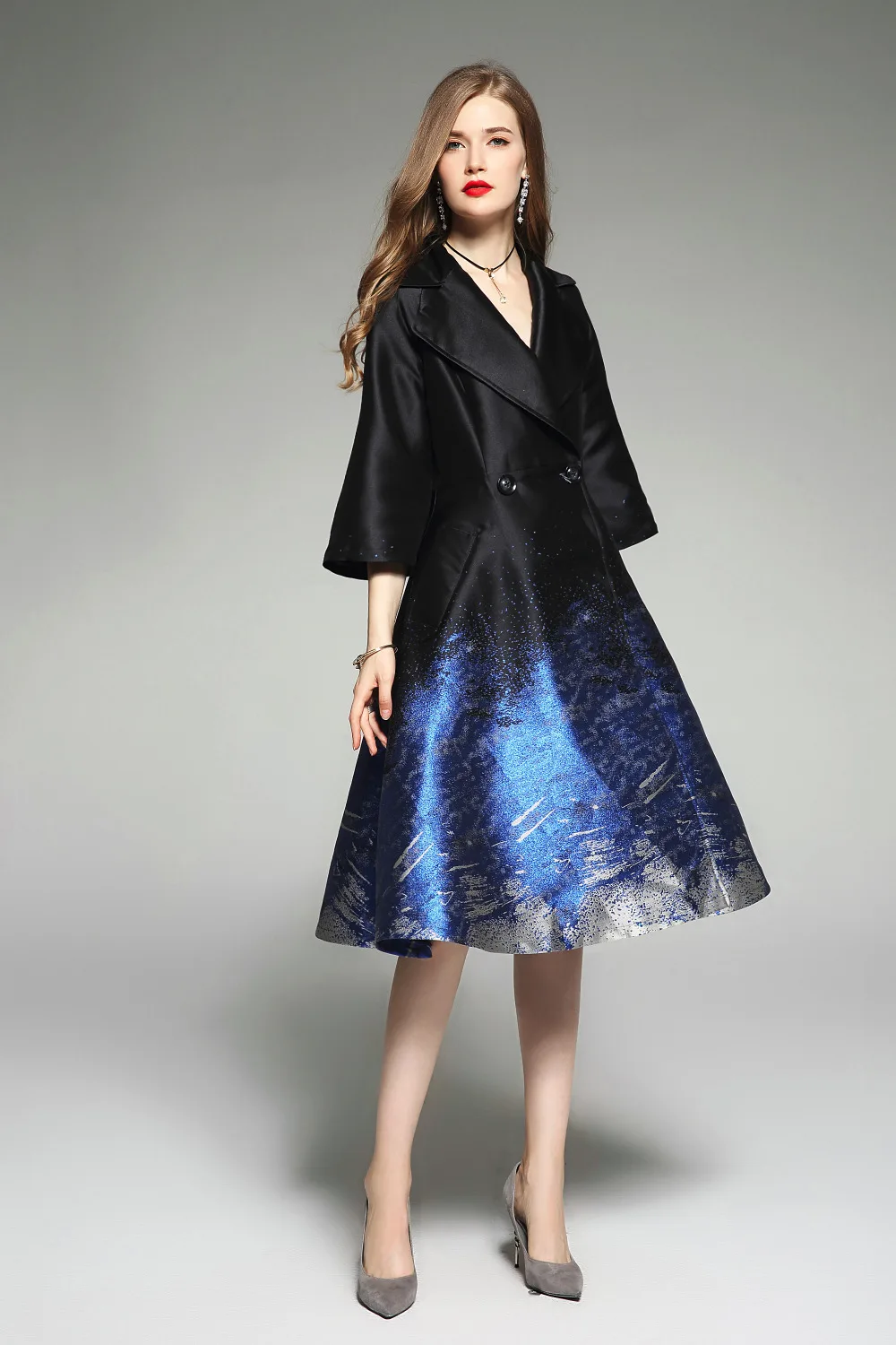 Женский винтажный Тренч с люрексом Лоскутная юбка отложным воротником и рукавом