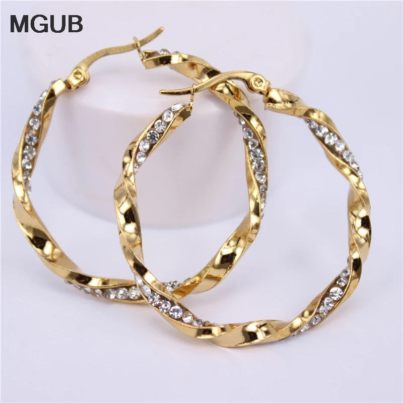 MGUB  Diameter 30MM-40MM Crystal Round Hoop Earrings Twisted Gold Color For Women Party Wholesale Top Quality LH564