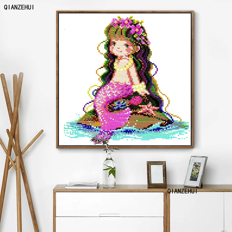 QIANZEHUI Needlework DIY printing The little mermaid Cross Stitch Sets For Embroidery kits Cross-Stitching Wall Home Decro | Дом и сад