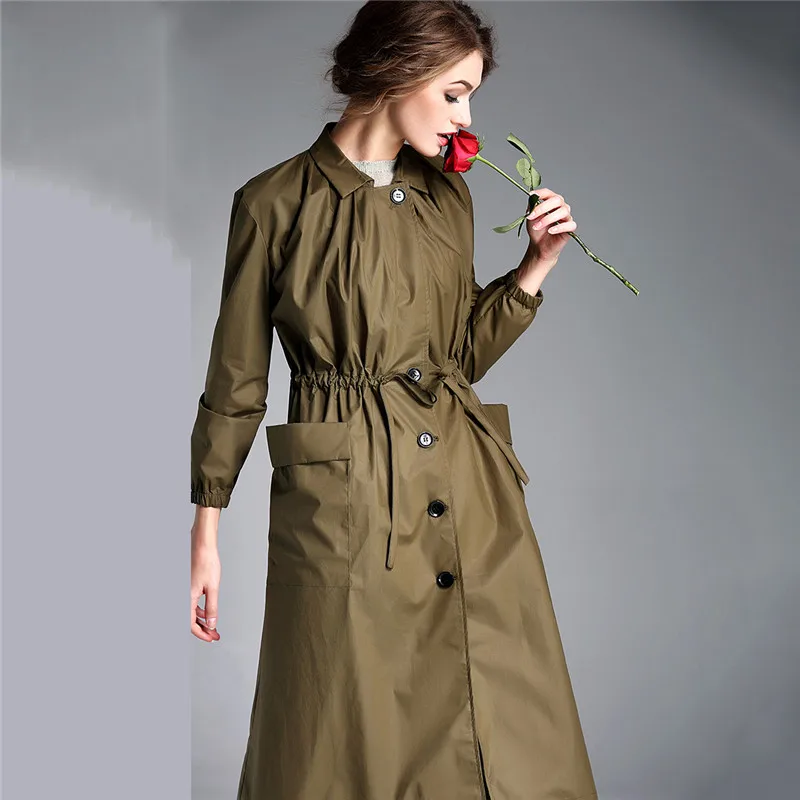 Мода, весенне-осенний Тренч, новинка, Европейский Свободный Тонкий большой размер, повседневная британская Женская ветровка, длинное пальто A1525 - Цвет: armygreen