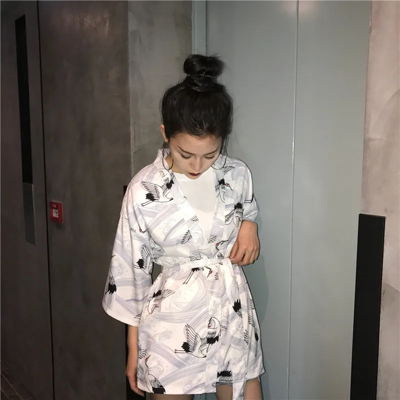 Женское кимоно Харадзюку пальто кардиган с принтом крана открытый японский