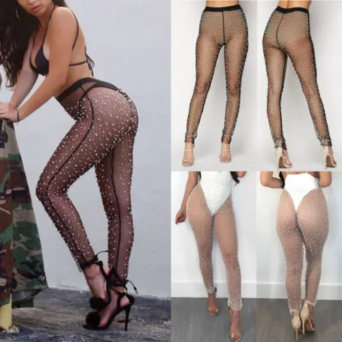 Для женщин сетки бисера Sheer Леггинсы прозрачный See Through узкие бикини Cover|Легинсы| |