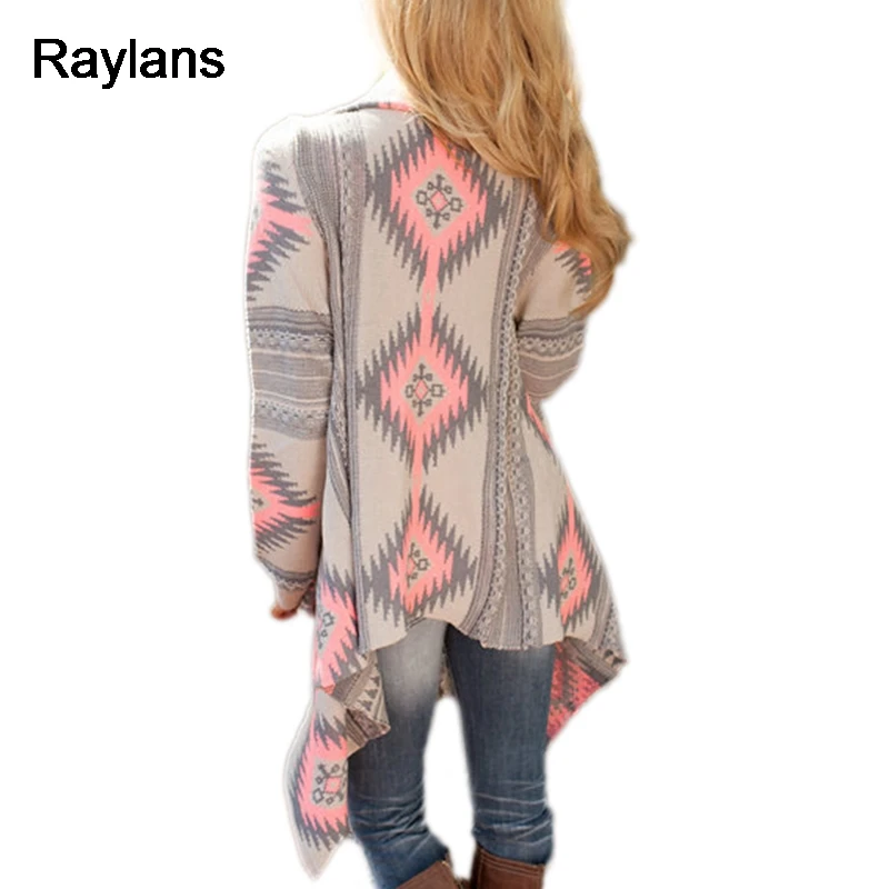 Raylans 2017 Women Irregular Geometric Printed Cardigan Open Front Loose Sweaters Jumper Outwear Coat Tops |