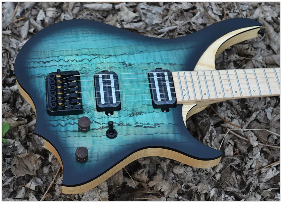 Электрическая гитара без головы модель синего цвета волнистый клен в наличии