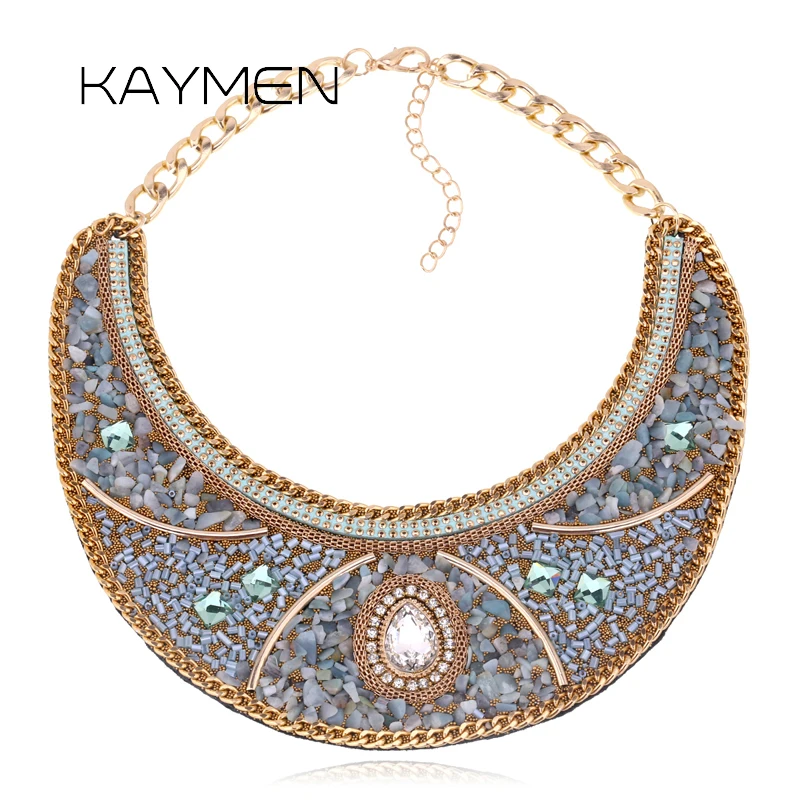 

Fashion Bohemia Style Inlaid Small Natural Stone Golden Chian Statement Torques Necklace for Women Pendant Jewelry NK-01439