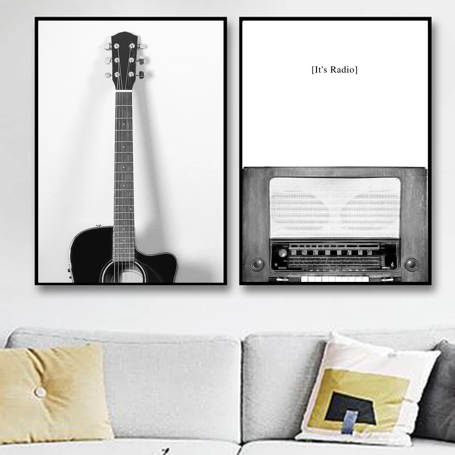 Черно белая гитара радио жизнь художественная стена с цитатой Холст Картина