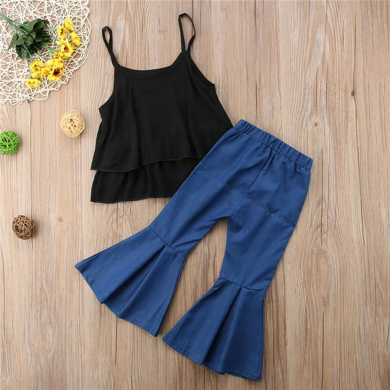 Милый Летний топ для маленьких девочек + длинные джинсовые штаны комплект