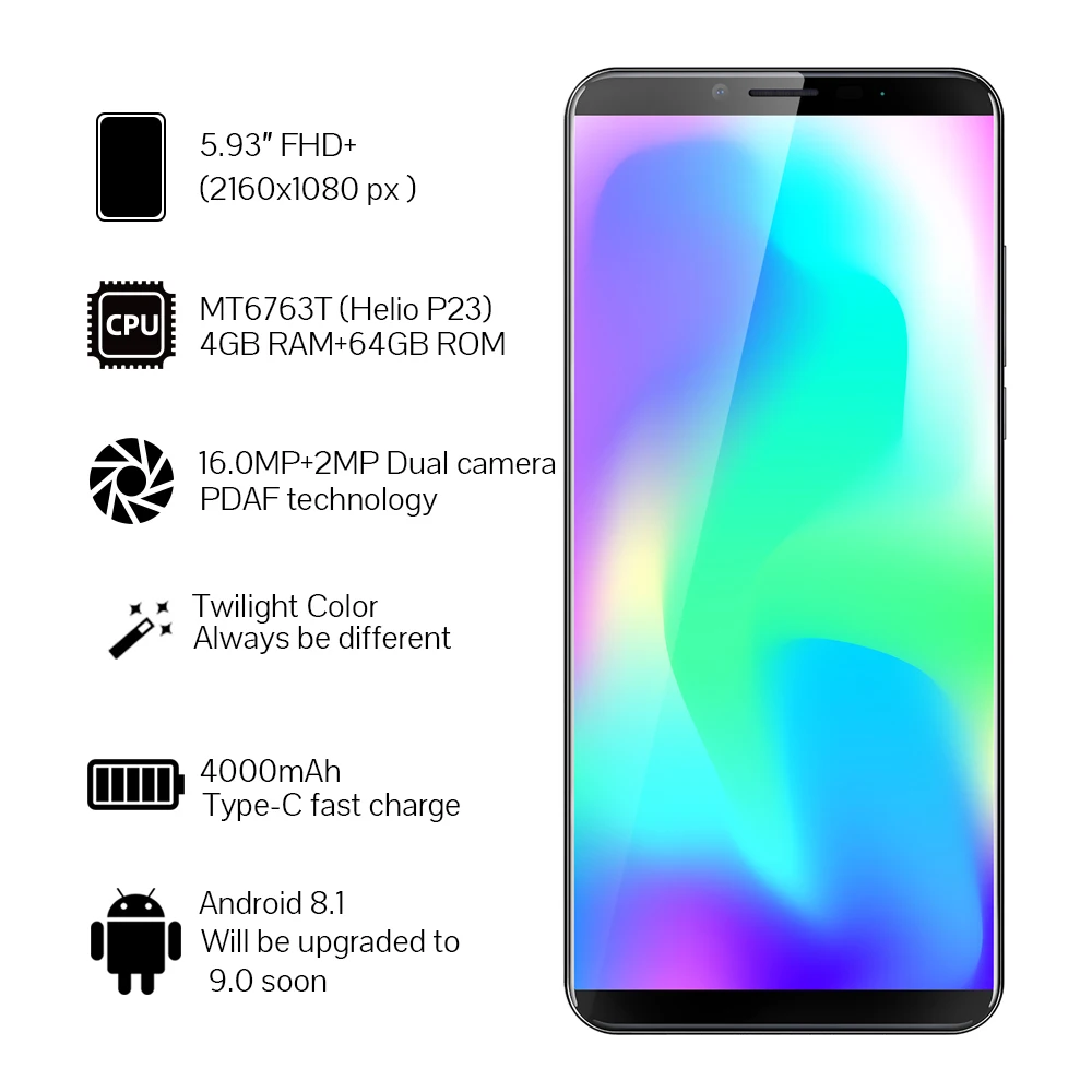 Смартфон Cubot X19 Helio P23 Octa-Core с двойной камерой 16 МП, диагональю 5,93 дюйма, разрешением 2160 * 1080 FHD +, функцией распознавания лица Face ID, большой батареей 4000 мАч, 4 ГБ ОЗУ + 64 ГБ памяти.