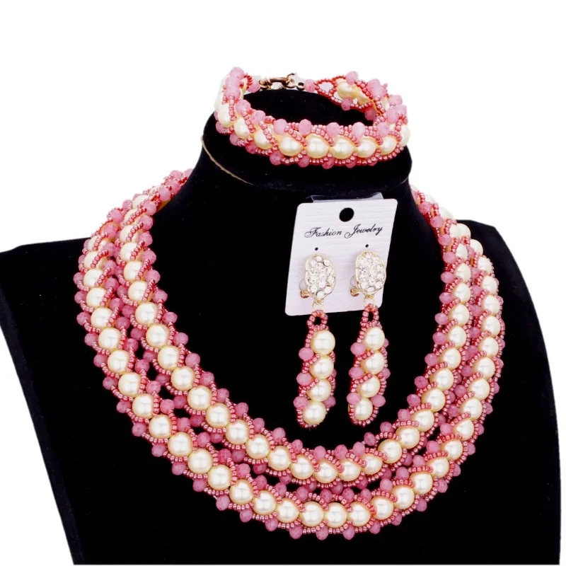 

Bridal Sets Jewellery Peach White Women Imitation Jewelry Set Pearls 2 Layers Bracelet Earrings Necklace Set Free Shipping 2018