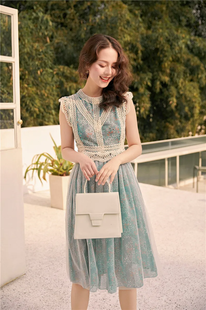 2019 новые модные женские платья цветочное ажурное кружевное газовое платье-жилет