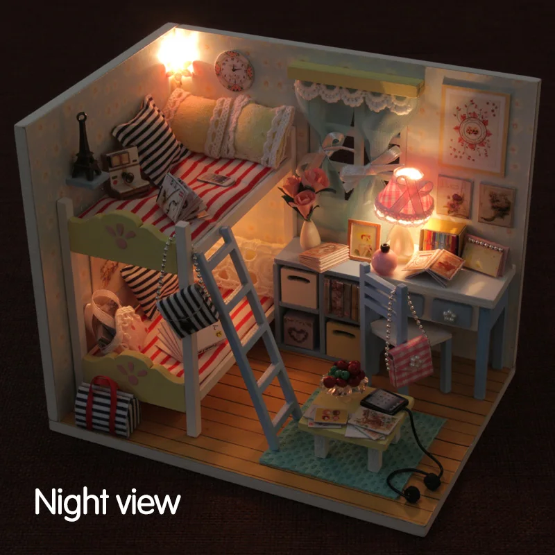 

Hot Sale Kits Diy Wooden Doll House Bed Miniature With Led Light Furniture Dust Cover Furniture Toys For Children Birthday Gift