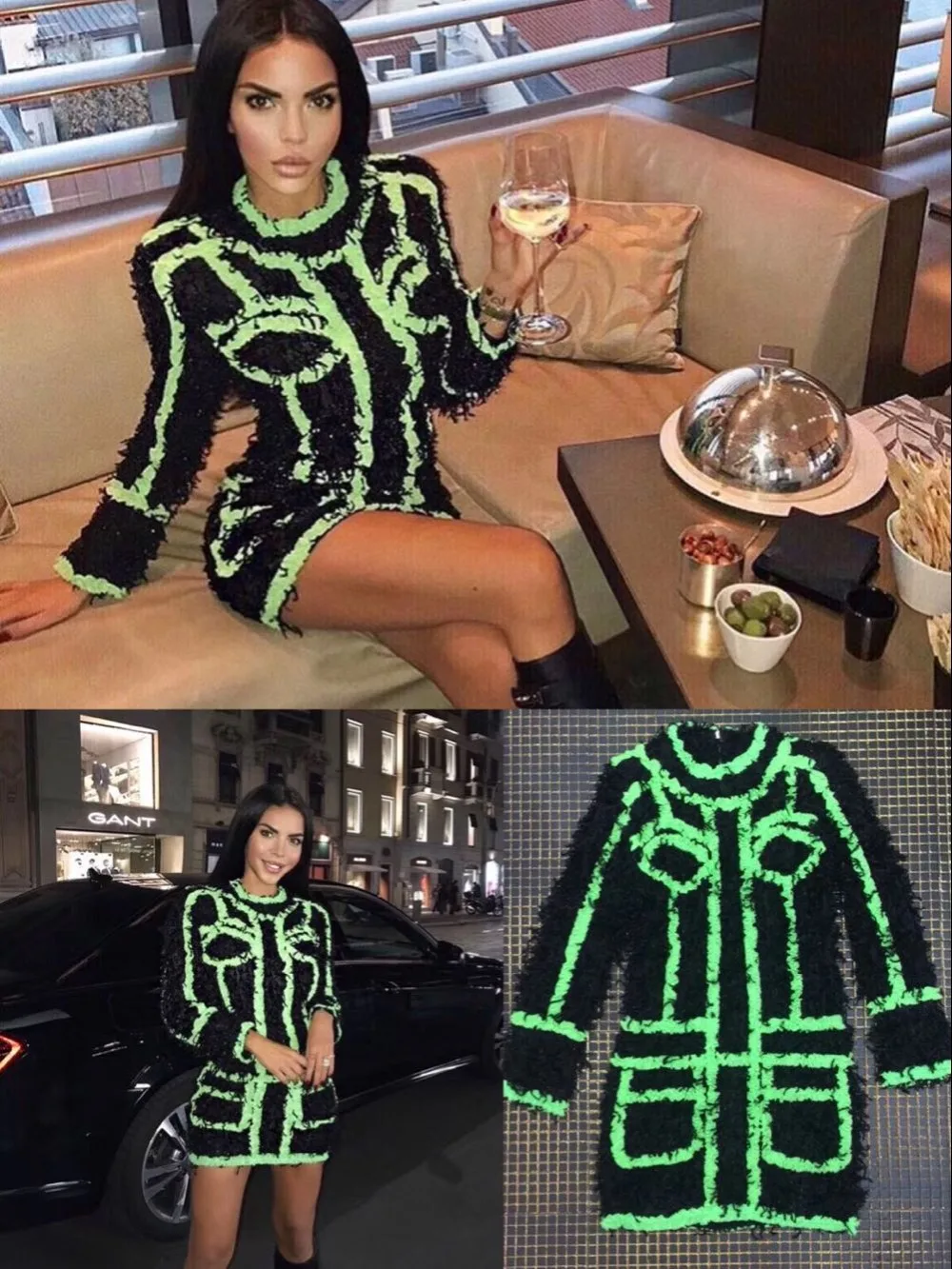 

High Quality Black Green Long Sleeve Elegant Dress Evening Party Bodycon Dress