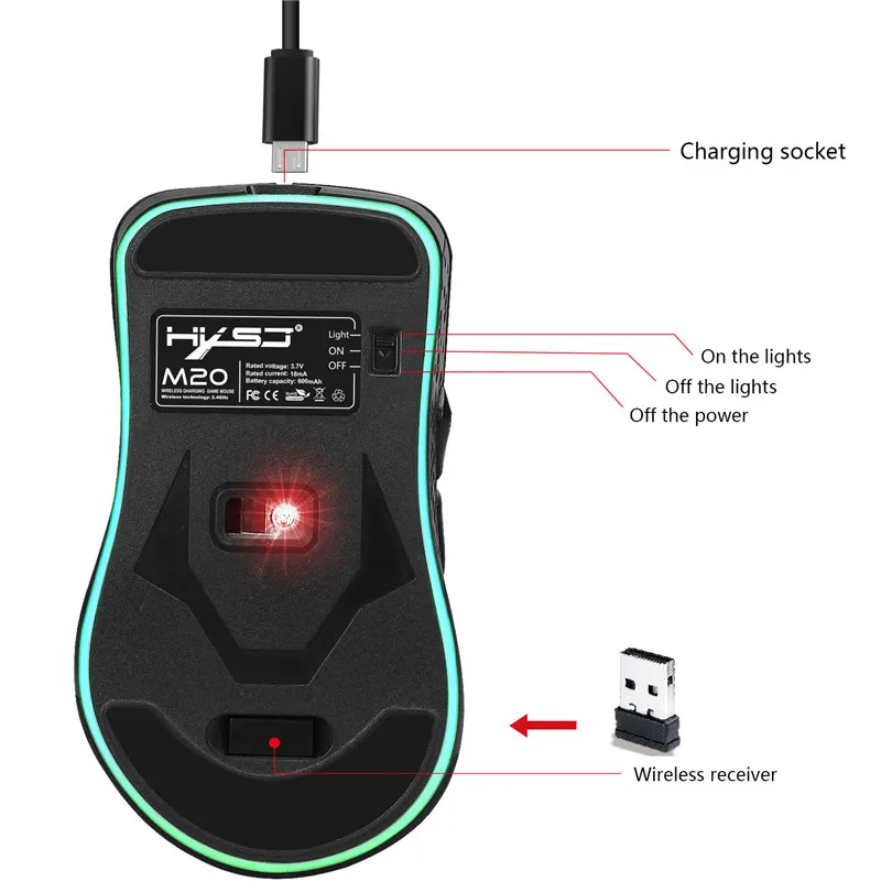CARPRIE Беспроводная игровая мышь 2,4 ГГц 2400 dpi оптическая USB светодиодный подсветка эргономичная зарядка мыши с usb-приемником 90711