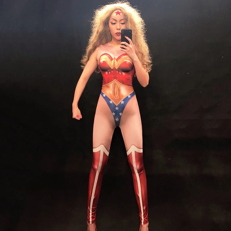 Боди певица DjDs ГОГО этап Комбинезон Сексуальная Superwoman печати кусок брюки сценический костюм карнавальный наряд DN2231 - Цвет: As Picture