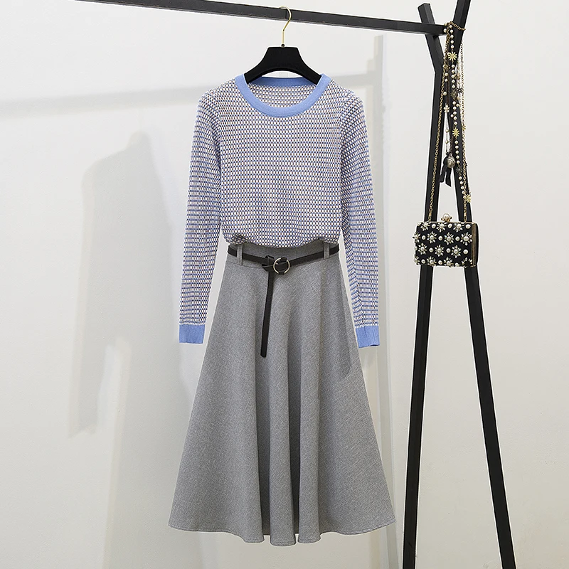 

New Knitting Pullover Top Autumn Women Long Sleeve Sweater & Long Skirt Two Pcs Leisure Suits High Quality Vestido Femme