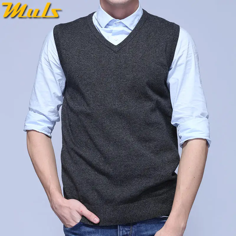 Dark Grey-9501 Мужской свитер, жилет, бренд MuLS, зимний цветной шерстяной вязаный свитер без рукавов, мужской хлопковый джемпер, осень-весна, размер M-3XL - Цвет: Dark Grey-9501