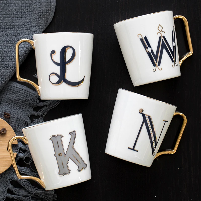 1pc European Gold letters ceramic cup lovers breakfast coffee milk tea A-Z letter Men women Creative Mug | Дом и сад