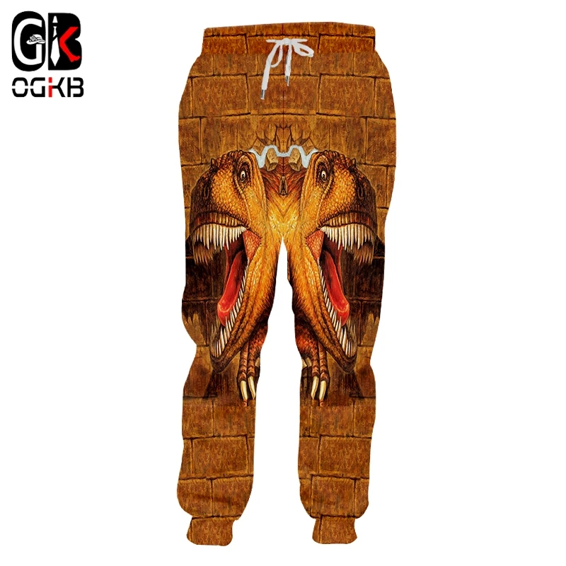 OGKB Spring Fall High Waist Elastic Drawstring Pants Men/women's Funny Print Dinosaur 3D Sweatpants Brown Casual Sweat | Мужская