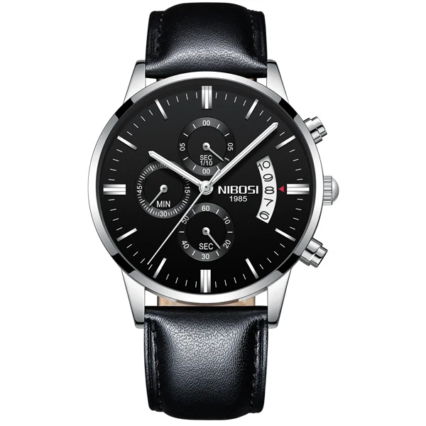 Silver Black Leather NIBOSI Relogio Masculino A Prova d'gua Grande часы мужские роскошные брендовые полностью Стальные кварцевые часы мужские кожаные часы с хронографом - Цвет: Silver Black Leather