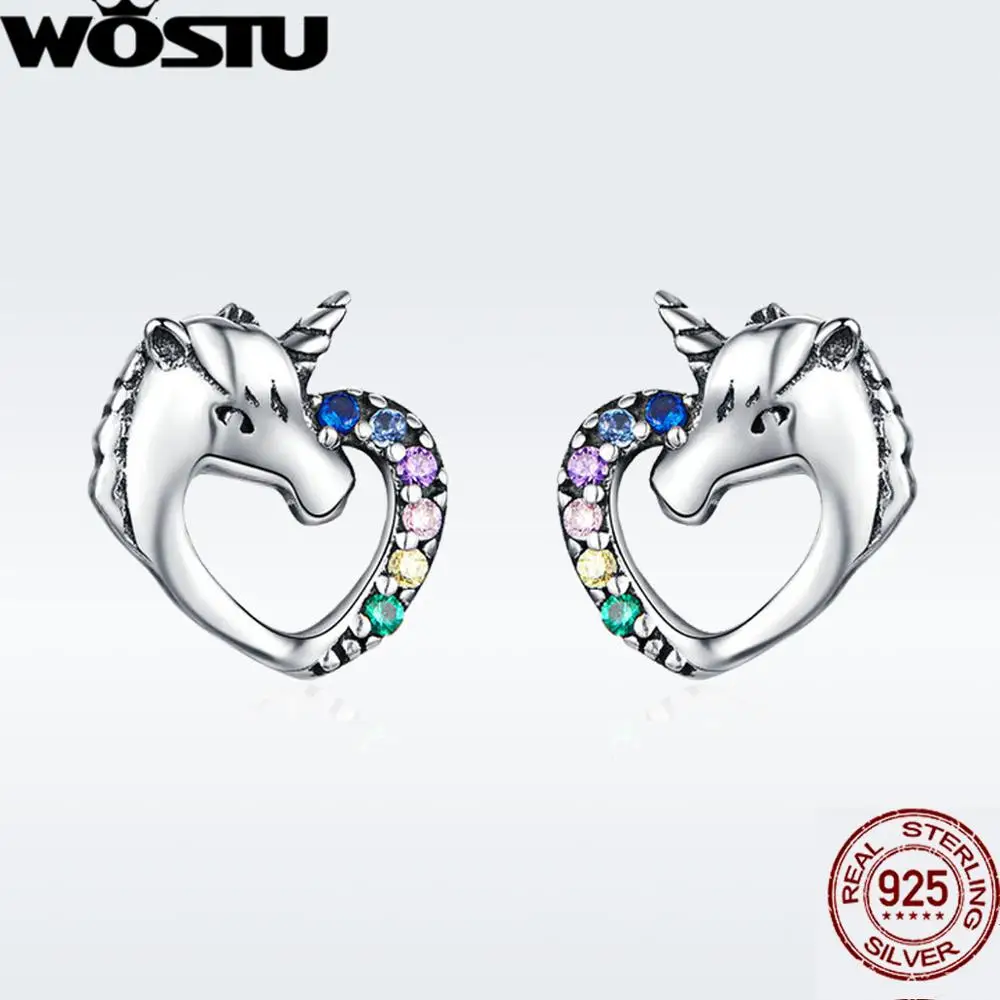 WOSTU Горячая 925 пробы серебряные серьги гвоздики для женщин кошка любовь, сердце, кубический циркон серьги вечерние свадебные модные ювелирные изделия