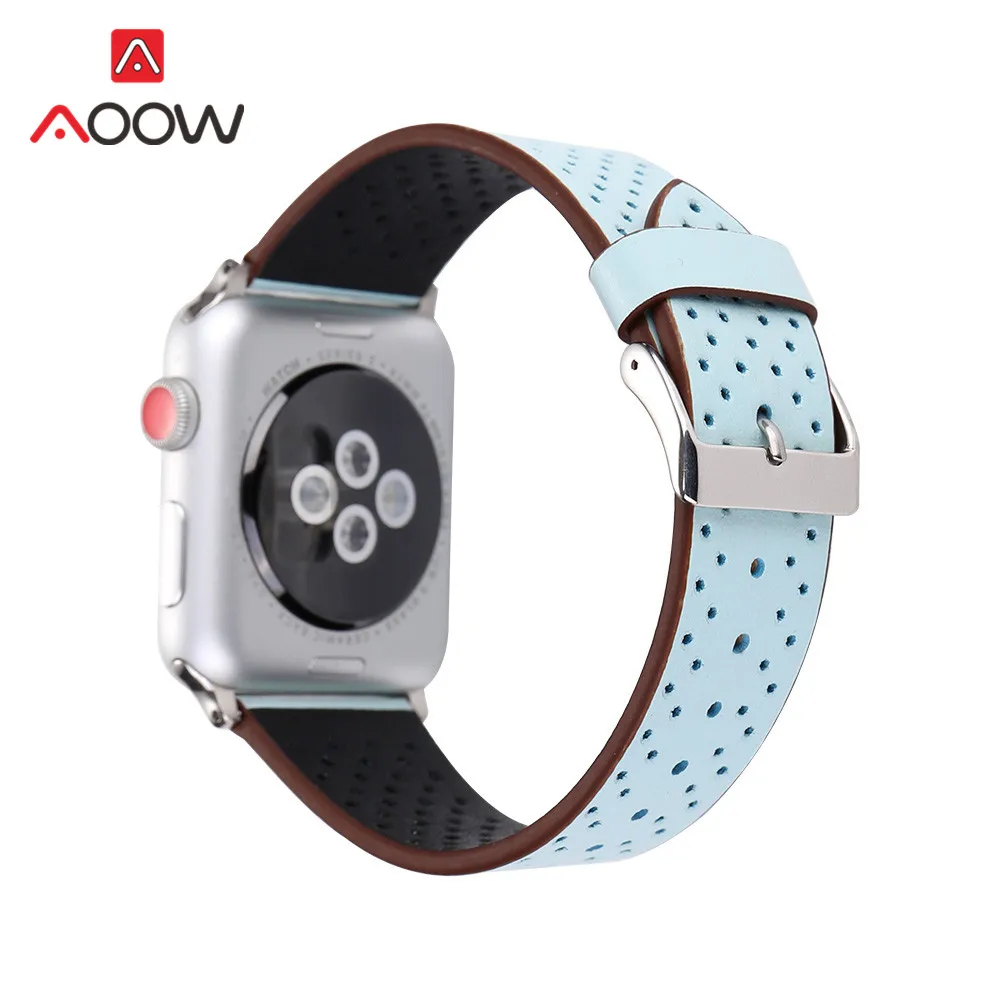 Ремешок для часов из натуральной кожи для Apple Watch, 38 мм, 42 мм, дышащий ремешок для мужчин и женщин, ремешок для iwatch 1, 2, 3, 4
