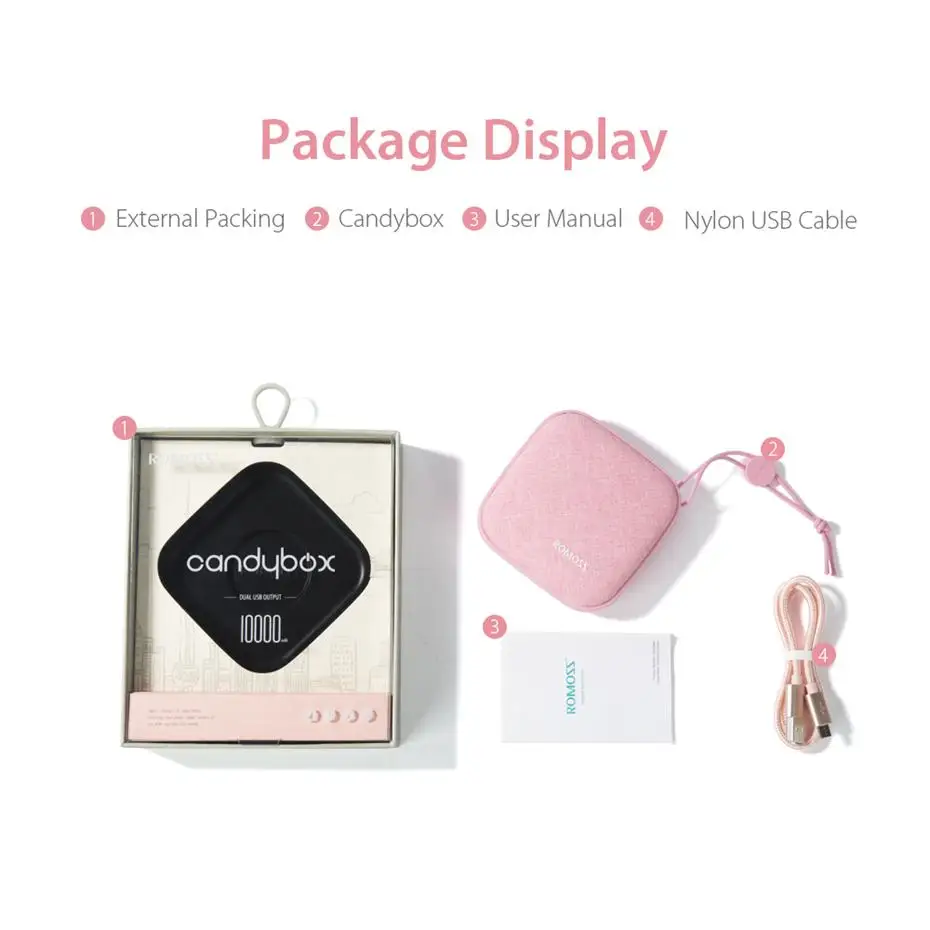 ROMOSS LC10, стильный внешний аккумулятор, 10000 мА/ч, Candybox 18650, двойной USB, тканевое портативное зарядное устройство с подвесным кольцом для iPhone, Xiaomi, huawei