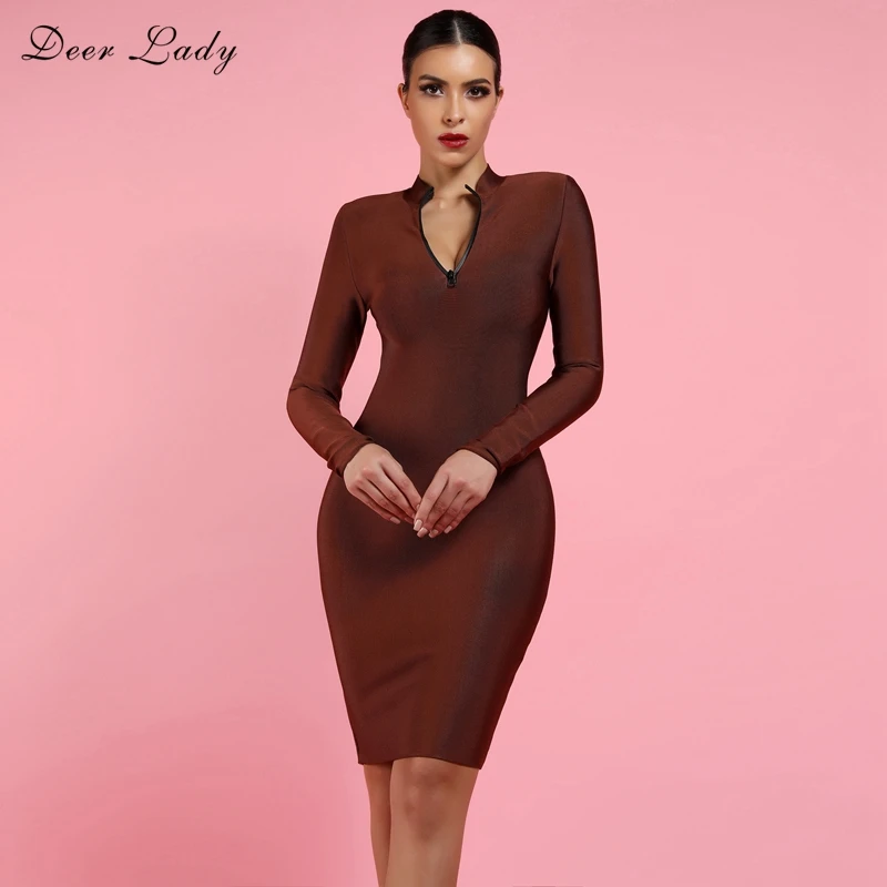 Женское Бандажное платье с длинным рукавом DeerLady коричневое облегающее вечернее