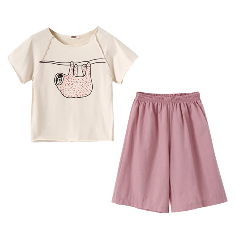 Girls 'Summer Suit 2019 New Fashion Large Children's Short Sleeve T Shirt Pink Wide Legs Pants Two Sets | Детская одежда и