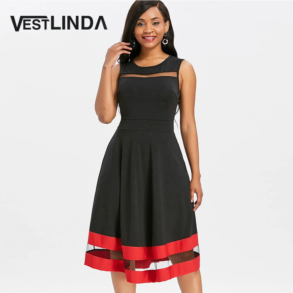 VESTLINDA Sheer Mesh Insert контрастная отделка линия миди женское платье для катания на