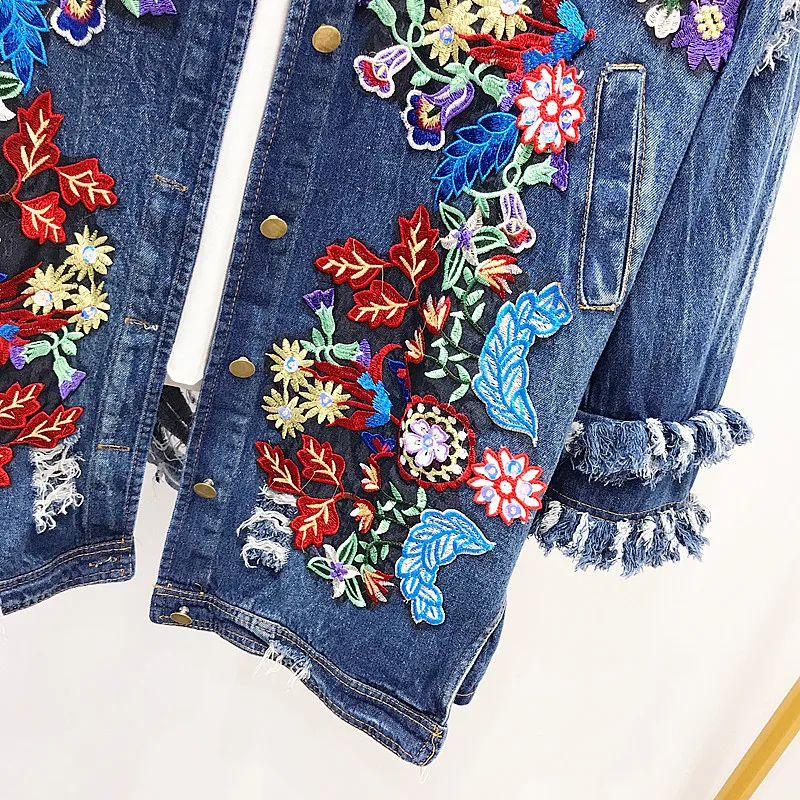 Ручная Цветочная вышивка пайетками джинсовая куртка из бисера пальто бомбер Свободный дикий длинный 3D бисер блестками отверстия кардиган