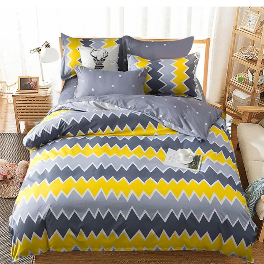 King Size Bedding Comfortable Yellow Waves Printed Flat Sheet Quilt Cover Pillowcases Set Bed Duvet | Дом и сад