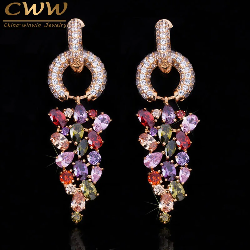 

Yellow Gold Color Long Dangling Drop Cluster Multicolored Zirconia Stone Women Earrings with Micro Cubic Zircon Paved CZ298