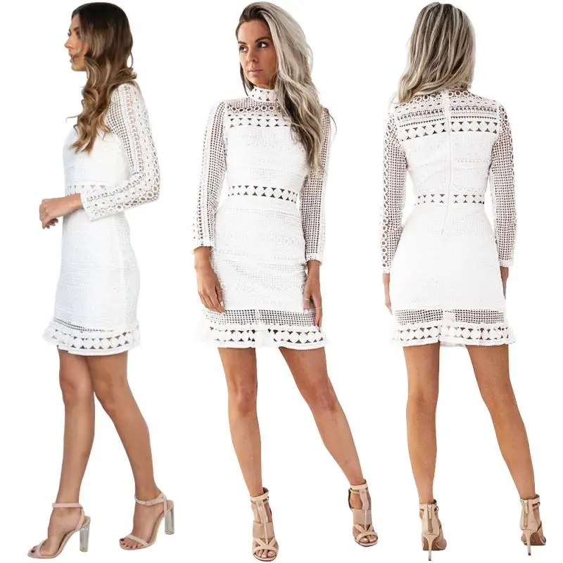 Autumn Women Fashion Dress Vintage Hollow Out Lace Ladies Falbala Hem Long Sleeve Cocktail Elegant Sexy White 2018 | Женская одежда