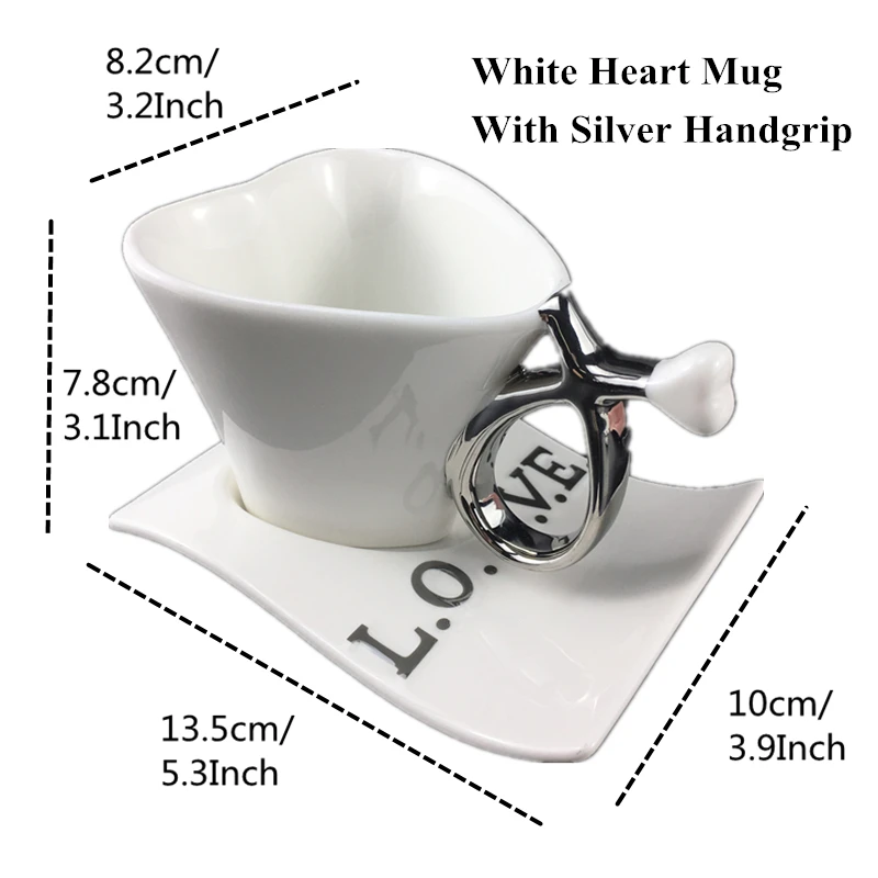 Silver Without Spoon VILEAD, кофейная кружка в форме сердца для влюбленных, модная, керамическая, молочная кружка с тарелкой, для пар, чашка для утреннего чая, для офиса, чашка для воды, подарок для девочек - Цвет: Silver Without Spoon
