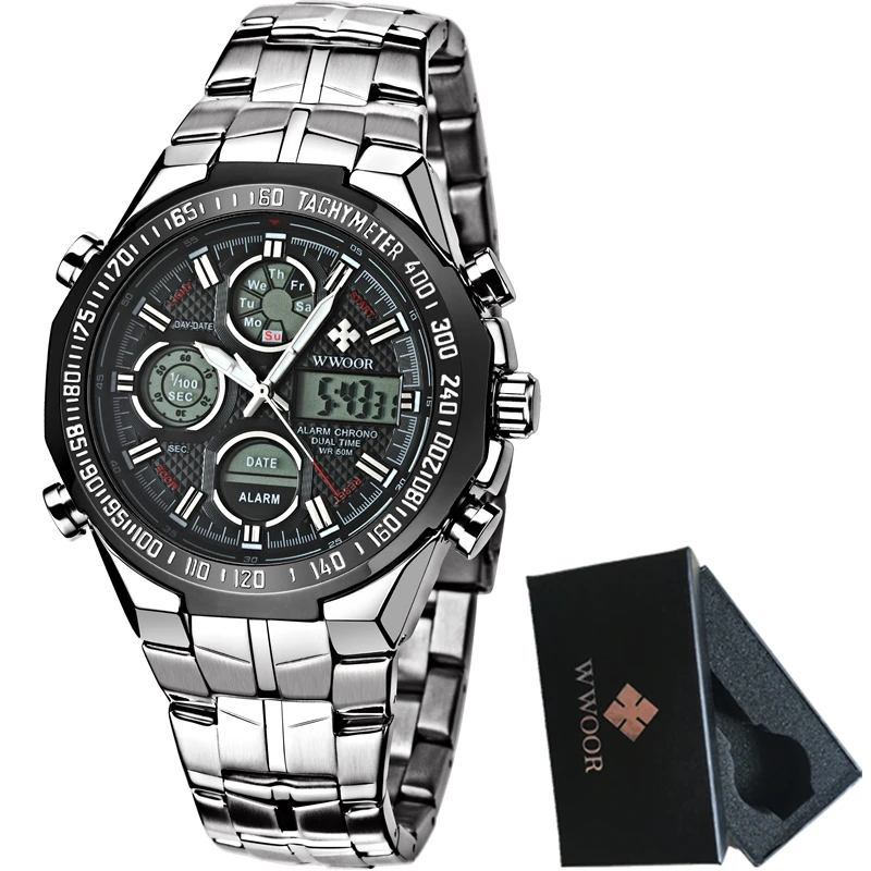 2017 цифровые часы мужские роскошные брендовые WWOOR кварцевые LED двойной дисплей