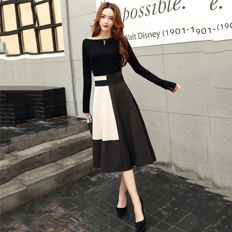 

2018 New Women Autumn O-neck Long Sleeve Shirts 2 Piece Sets Female Elegant Patchwork Sashes Office Lady Blouse Skirts Suits A65