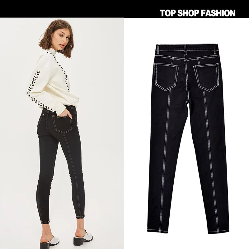 

New Europe and the United States women's slim slim black denim trousers after stitching fold extension hip pants nine