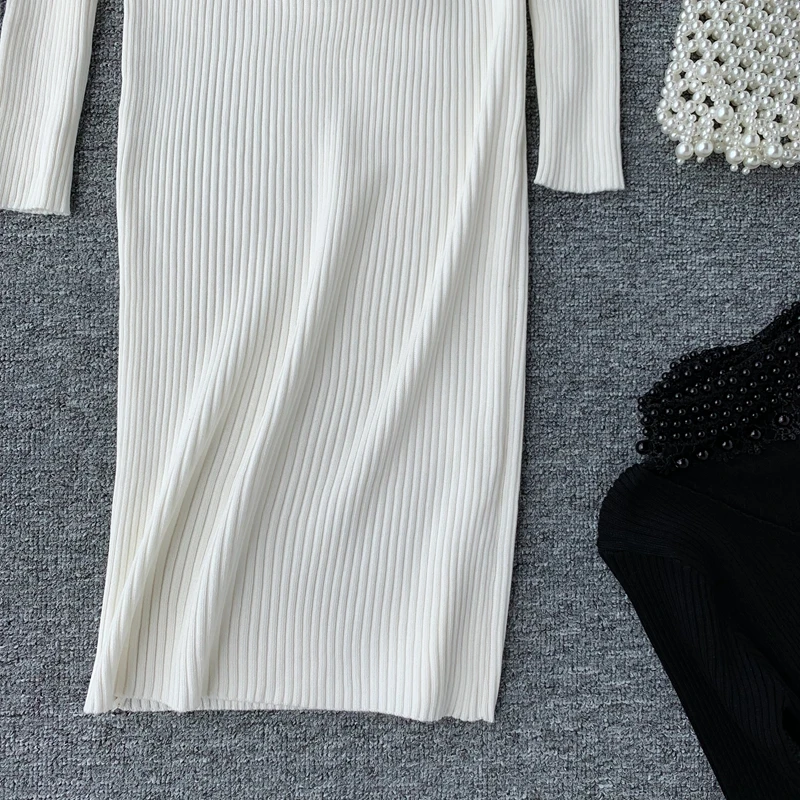 ALPHALMODA осеннее Новое Женское винтажное трикотажное платье с жемчужным воротником и длинным рукавом в стиле пэчворк с воротником, изящное нижнее платье для девушек