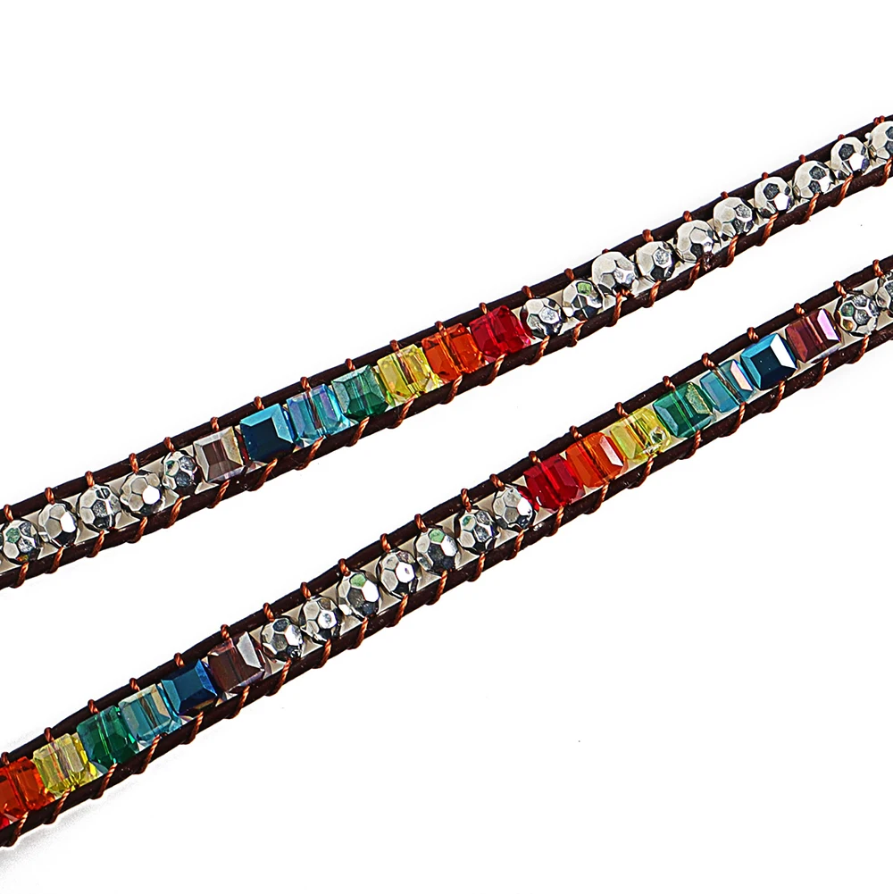 Многоцветный чакра обёрточная Бумага браслет для женщин ручной работы кожа