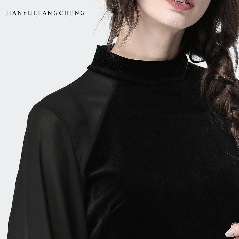 2019 мода на весну и осень черная бархатная блуза с длинным рукавом О-образным