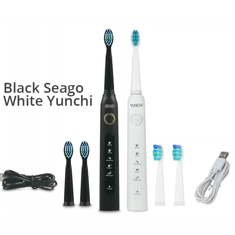 White and Black Seago звуковая электрическая зубная щетка для взрослых с таймером, USB перезаряжаемая зубная щетка с 3 сменными головками - Цвет: White and Black