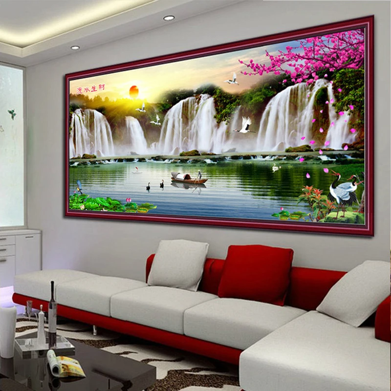 QIANZEHUINeedlework, DIY 3d пейзаж, кран, рыбак, солнце, слива вышивка крестиком, пейзаж, картина, выложенная алмазами, настенный домашний декор
