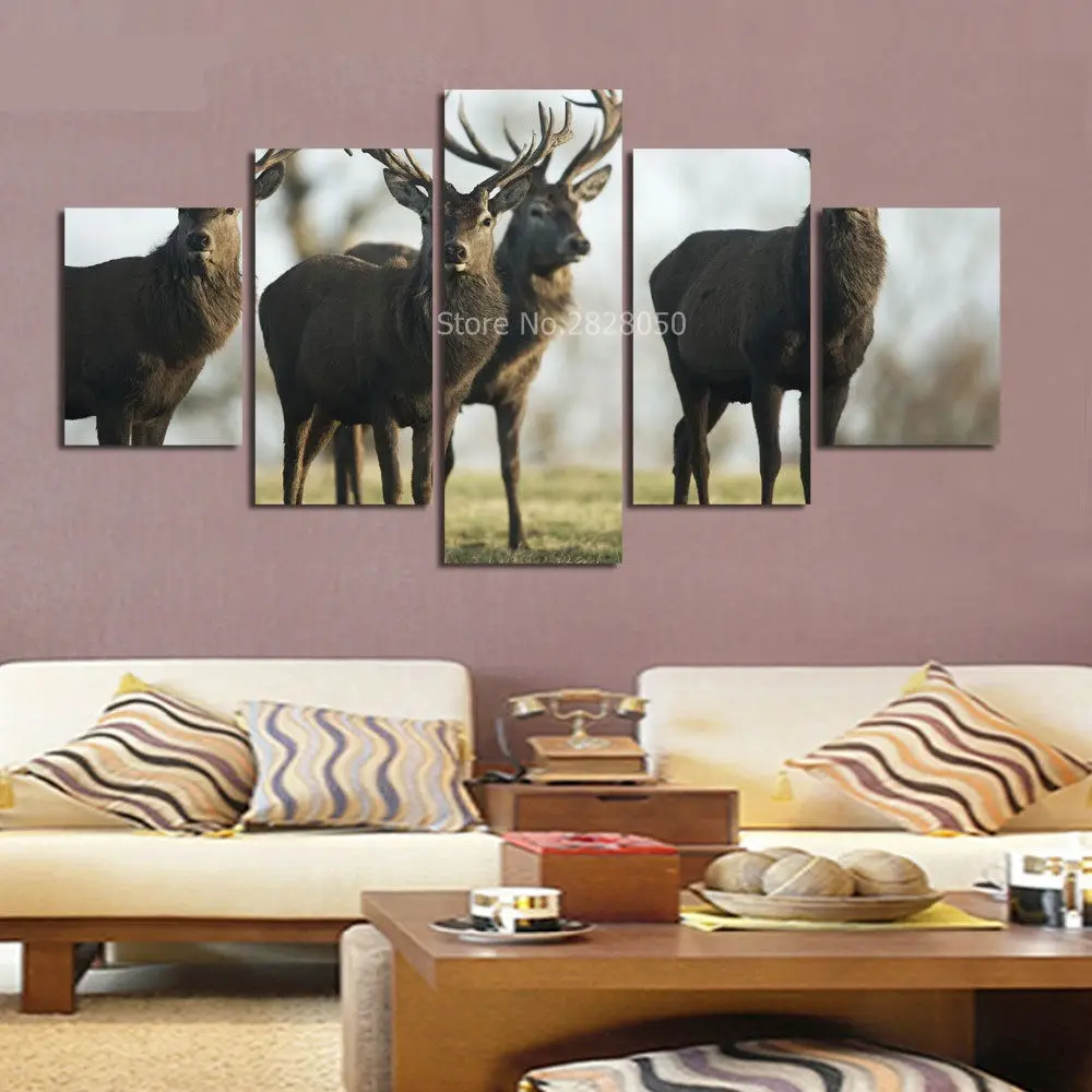 Синий попугай олень животное холст искусство 5 панелей картина в рамке гостиная