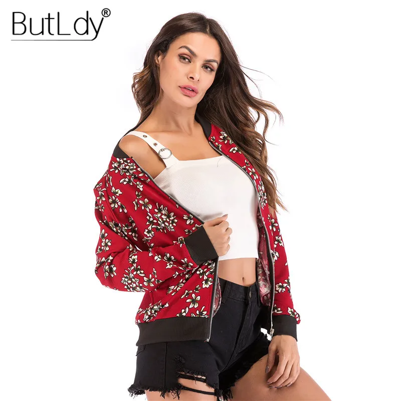 

Striped Print Zipper Pockets Autumn 2018 Jacket Women Floral Long Sleeve Slim Outerwear Womens Fashion Bomber Jacket Overcoat