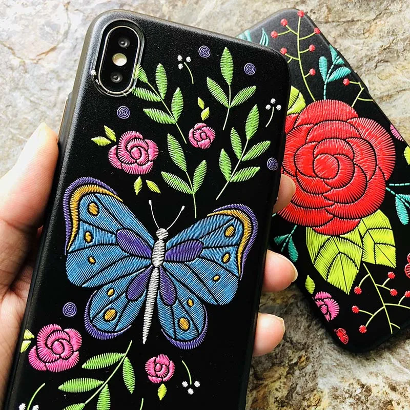 Kerzzil For iPhone 7 Plus Embroidery Rose Flower Butterfly Phone Case Soft TPU Silicon Cases Cover X 8 6 6s |