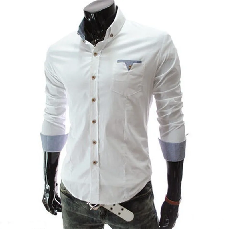 

Fashion Men Cotton Long Sleeve Slim Shirts With Pocket Casual Men British Style Solid Color Square Shirts Nice Autumn M-2XL