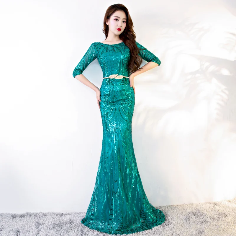 Женское платье Русалка с блестками зеленое в пол для подружки невесты
