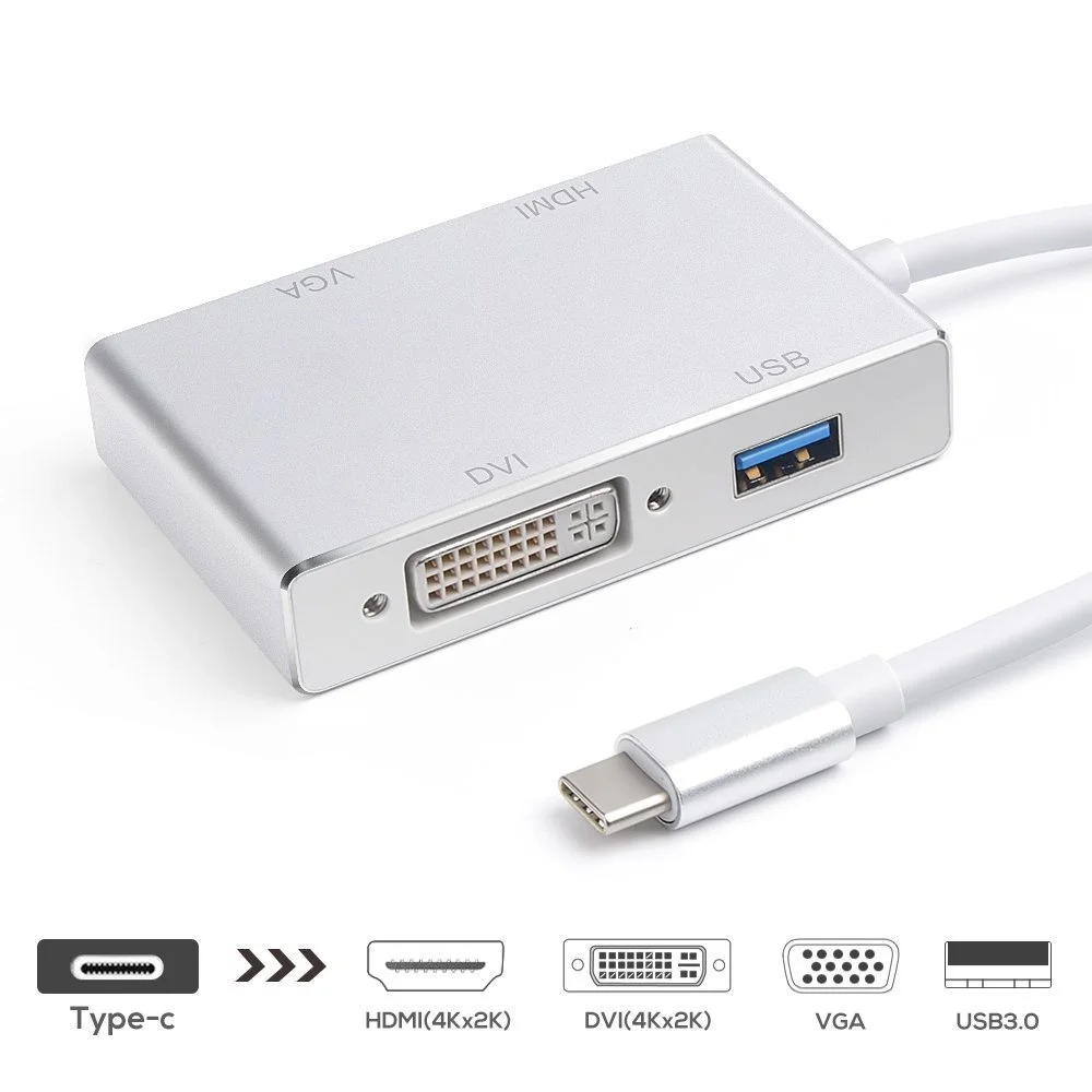 BESIUNI 4 в 1 type C папа-HDMI+ VGA+ DVI+ USB 3,0 Женский видео адаптер Алюминиевый адаптер 4K 1080P конвертер для Macbook
