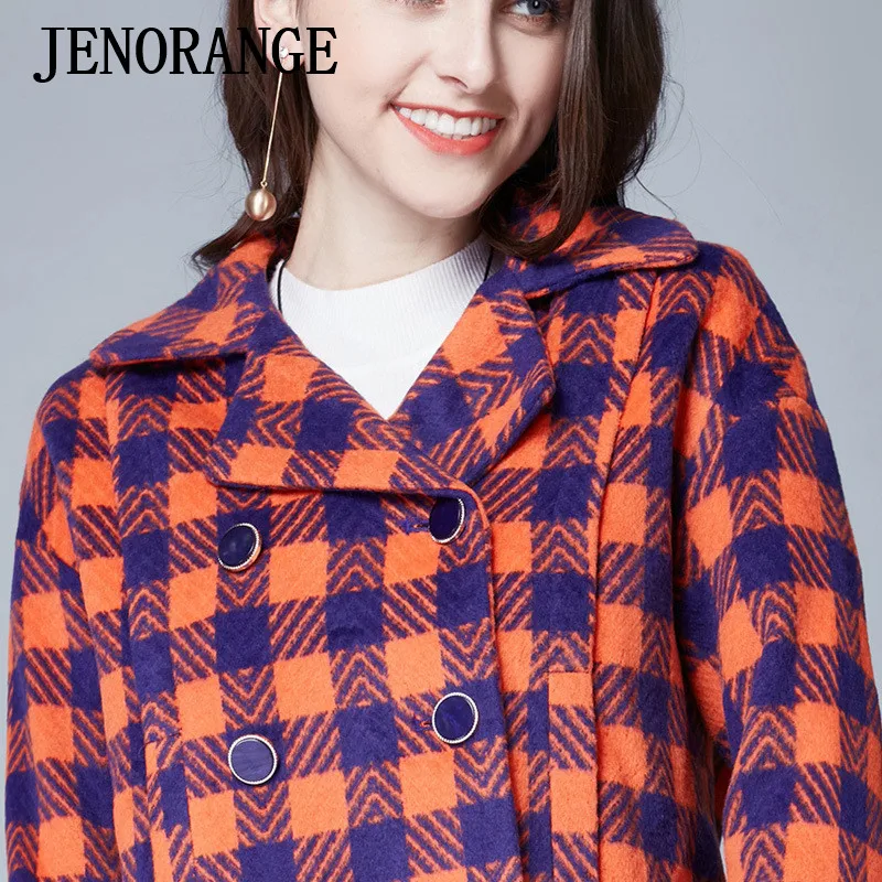 JENORANGE бренд женские зимние случайный стиль двубортный плед шерсть короткая