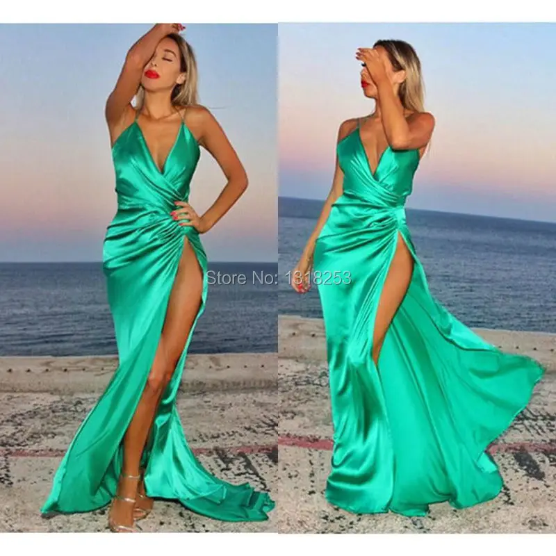 

Deep V Neck Green Formal Evening Dresses Backless Side Slit Prom Gown Women's Sun Dress vestido de festa robe de soiree